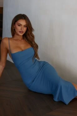 Frieda Cowl Neck Side Split Ribbed Midi Dress Midnight Blue -Selfie Leslie Shop 27577DMIDNIGHTBLUE 4