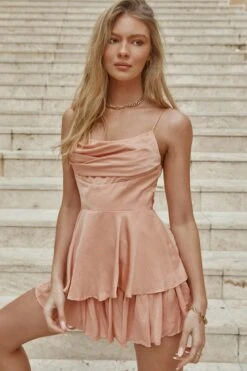 Well Versed Cowl Neck Flounce Romper Peach -Selfie Leslie Shop 27595D09 PEACH 4