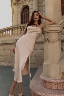 Well Versed Pleated Bust Front Split Dress Champagne -Selfie Leslie Shop 27595DCHAMPAGN 2