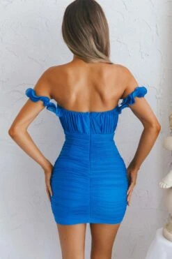 Senorita Off-Shoulder Lettuce Edge Detail Ruched Mini Dress Blue -Selfie Leslie Shop 27596DBLUE 7