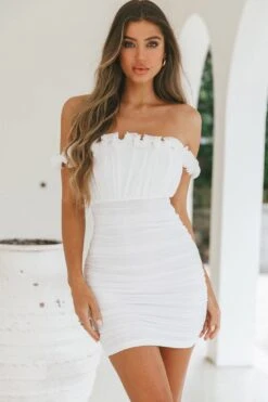 Senorita Off-Shoulder Lettuce Edge Detail Ruched Mini Dress White -Selfie Leslie Shop 27596D 20WHITE 8