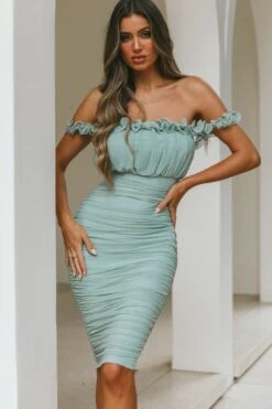 Senorita Off-Shoulder Lettuce Edge Detail Ruched Knee Length Dress Pistachio -Selfie Leslie Shop 27596NS01 20PISTACHIO 4