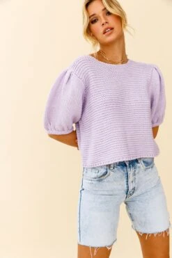 Marla Puff Sleeve Chunky Knit Top Lilac -Selfie Leslie Shop 27670B LILAC 6