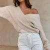 All My Love Long Sleeve Crossover Knit Sweater Stone -Selfie Leslie Shop 27675D T STONE 1