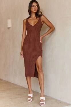 Mi Amore V-Neckline Front Split Ribbed Knit Midi Dress Chocolate 15 Mi Amore V-Neckline Front Split Ribbed Knit Midi Dress Chocolate -Selfie Leslie Shop 27703D CHOCOLATE 6