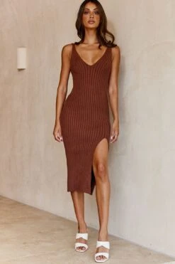 Mi Amore V-Neckline Front Split Ribbed Knit Midi Dress Chocolate 17 Mi Amore V-Neckline Front Split Ribbed Knit Midi Dress Chocolate -Selfie Leslie Shop 27703D CHOCOLATE 8
