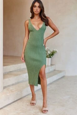 Mi Amore V-Neckline Front Split Ribbed Knit Midi Dress Sage -Selfie Leslie Shop 27703D SAGE 2