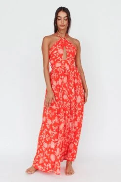 Athena High Split Maxi Dress Floral Print Red -Selfie Leslie Shop 52405B01RED 6