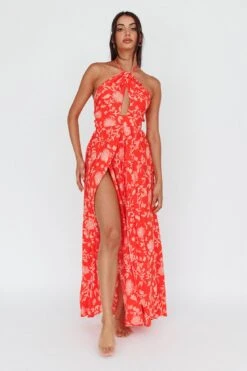 Athena High Split Maxi Dress Floral Print Red -Selfie Leslie Shop 52405B01RED 7