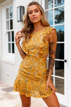 Jackie Pinafore Floral Lace Dress Mustard/Olive -Selfie Leslie Shop 61972D07 MUSTARD OLIVE 6