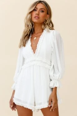 Laney Long Sleeve Frill Trim Romper White -Selfie Leslie Shop 62157BK23 WHITE 3