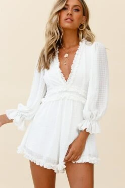 Laney Long Sleeve Frill Trim Romper White -Selfie Leslie Shop 62157BK23 WHITE 5