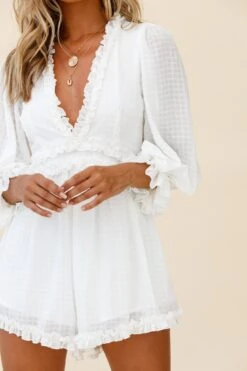 Laney Long Sleeve Frill Trim Romper White -Selfie Leslie Shop 62157BK23 WHITE 6