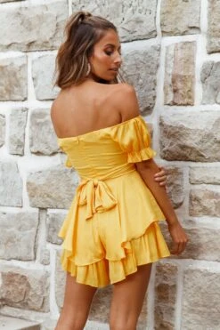 Linka Off-Shoulder Tie Back Romper Yellow -Selfie Leslie Shop 62235BK04 YELLOW 7