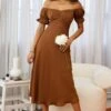 Linka Off-Shoulder Tie Back Midi Dress Chocolate
