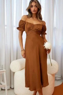 Linka Off-Shoulder Tie Back Midi Dress Chocolate -Selfie Leslie Shop 62235BK13 CHOCOLATE 2