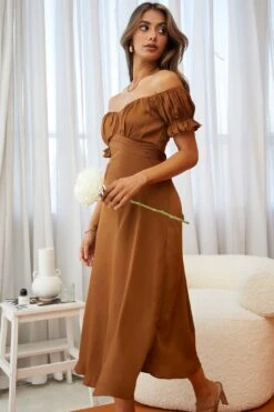 Linka Off-Shoulder Tie Back Midi Dress Chocolate -Selfie Leslie Shop 62235BK13 CHOCOLATE 4