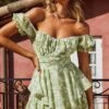 Linka Off-Shoulder Tie Back Romper Floral Stencil Print Green 2 Linka Off-Shoulder Tie Back Romper Floral Stencil Print Green -Selfie Leslie Shop 62235BK50 GREEN 1