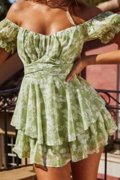 Linka Off-Shoulder Tie Back Romper Floral Stencil Print Green -Selfie Leslie Shop 62235BK50 GREEN 4