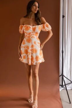 Linka Puff Sleeve Waist Tie Dress Floral Orange -Selfie Leslie Shop 62235BK90 20ORANGE 5