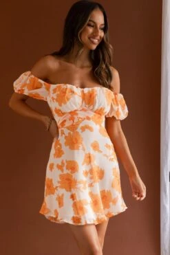 Linka Puff Sleeve Waist Tie Dress Floral Orange -Selfie Leslie Shop 62235BK90 20ORANGE 9