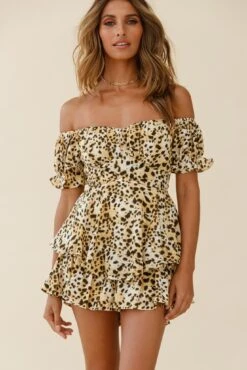 Linka Off-Shoulder Tie Back Romper Leopard Print Yellow -Selfie Leslie Shop 62235bk07 yellow leopard 3