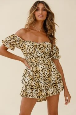 Linka Off-Shoulder Tie Back Romper Leopard Print Yellow -Selfie Leslie Shop 62235bk07 yellow leopard 4