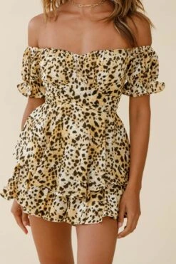 Linka Off-Shoulder Tie Back Romper Leopard Print Yellow -Selfie Leslie Shop 62235bk07 yellow leopard 6