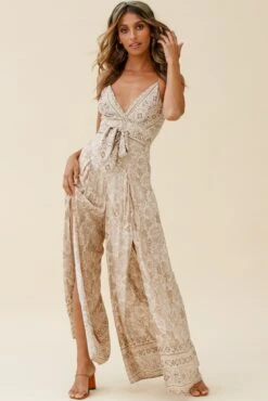Taylor V-Neck Split Wide Leg Jumpsuit Stencil Print Mocha 13 Taylor V-Neck Split Wide Leg Jumpsuit Stencil Print Mocha -Selfie Leslie Shop 62275D02 MOCHA 5