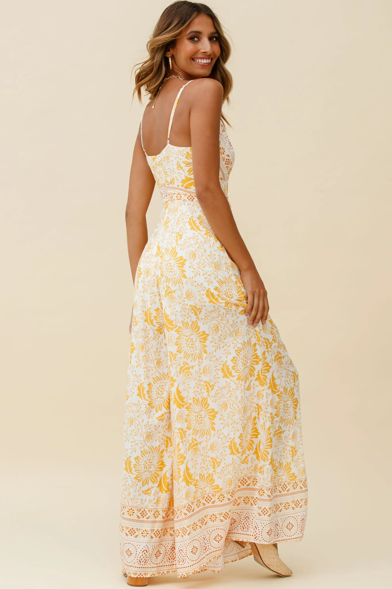 Taylor V-Neck Split Wide Leg Jumpsuit Stencil Print Yellow 5 Taylor V-Neck Split Wide Leg Jumpsuit Stencil Print Yellow - Image 3