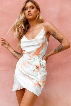 Bebe Satin Cowl Neck Wrap Dress Tie-Dye Orange -Selfie Leslie Shop 62327B03 ORANGE 5