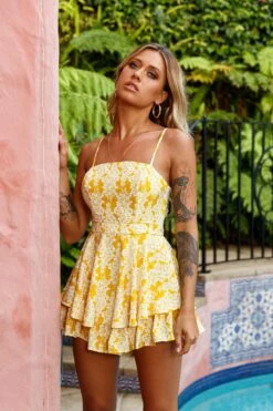 Alexandria Square Neckline Tie Back Romper Floral Print Yellow 15 Alexandria Square Neckline Tie Back Romper Floral Print Yellow -Selfie Leslie Shop 62371D03 YELLOW 7