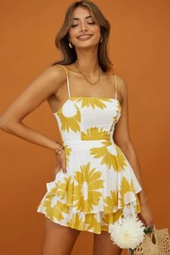 Alexandria Square Neckline Tie Back Romper Large Sunflower Print Yellow -Selfie Leslie Shop 62371D04 YELLOW 4