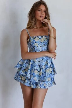 Alexandria Square Neckline Tie Back Romper Vintage Floral Blue -Selfie Leslie Shop 62371D08BLUE 4
