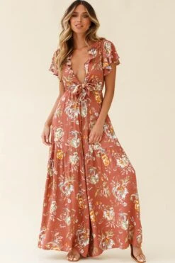 Kasey Tied Bust Wide Leg Floral Print Jumpsuit Rose -Selfie Leslie Shop 62408B ROSE 3