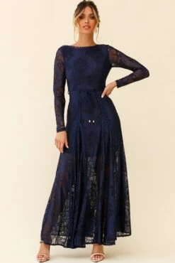 Palm Springs Long Sleeve Lace Overlay Maxi Dress Navy -Selfie Leslie Shop 62474D02 NAVY 3
