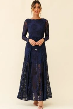 Palm Springs Long Sleeve Lace Overlay Maxi Dress Navy -Selfie Leslie Shop 62474D02 NAVY 5