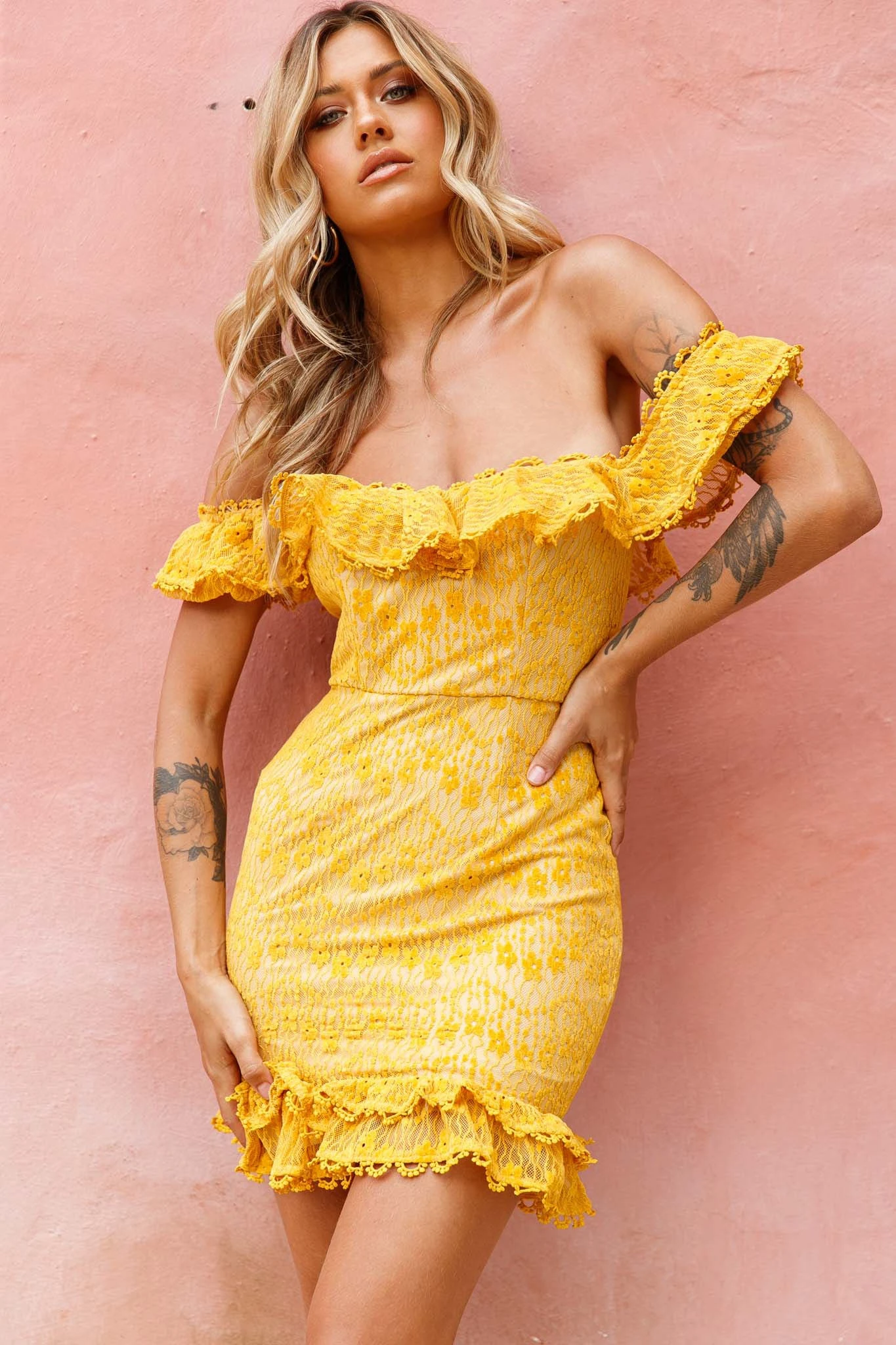 Bobby Bardot Neckline Floral Lace Overlay Dress Mustard 7 Bobby Bardot Neckline Floral Lace Overlay Dress Mustard - Image 5