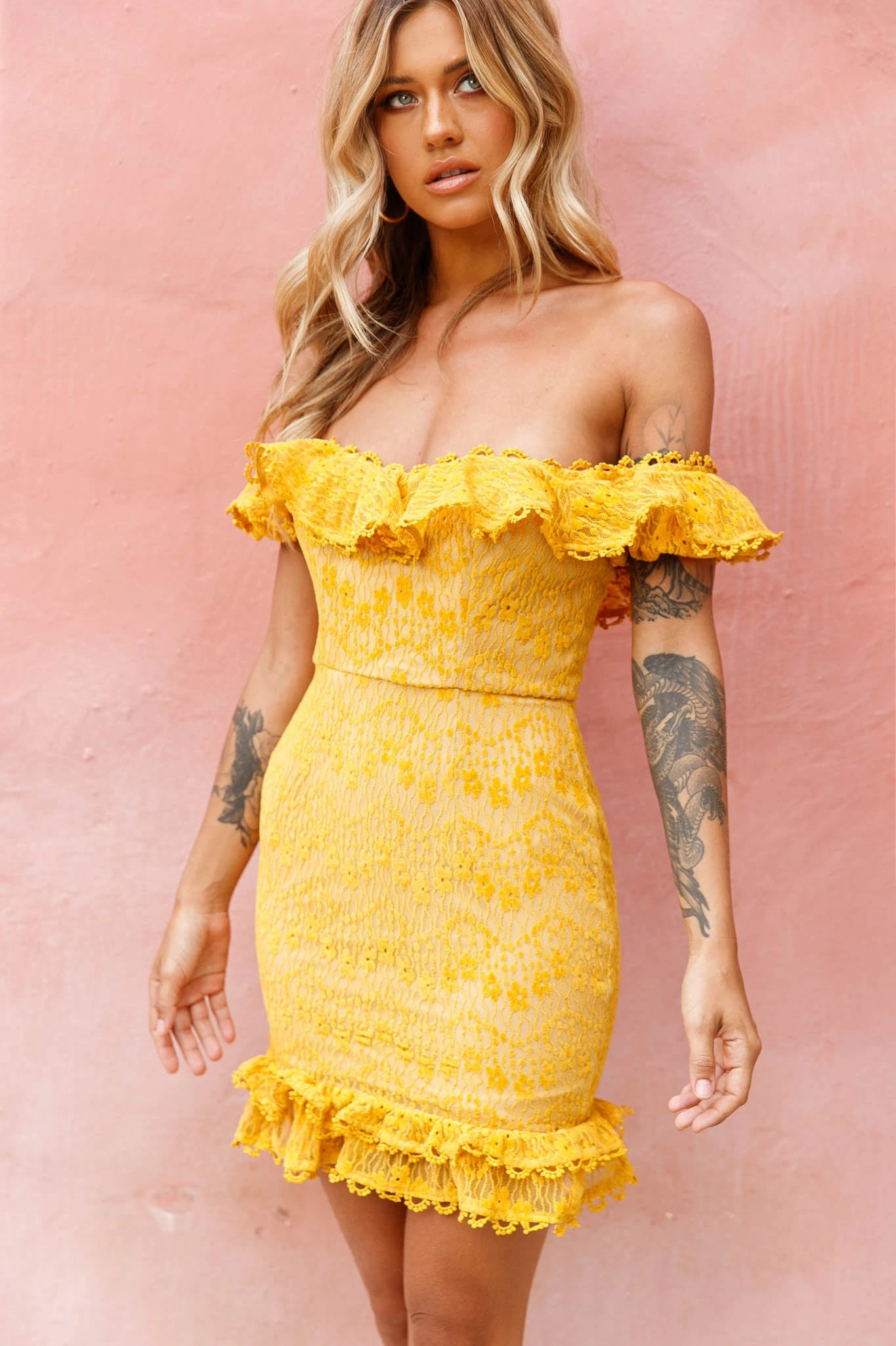 Bobby Bardot Neckline Floral Lace Overlay Dress Mustard 8 Bobby Bardot Neckline Floral Lace Overlay Dress Mustard - Image 6