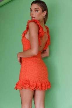 Ryan Eyelet Embroidery Ruffle Shoulder Dress Orange -Selfie Leslie Shop 62482D 20ORANGE 3