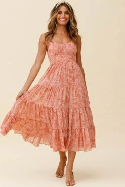 Eternal Sunshine Gathered Bust Maxi Dress Leaf Print Pink