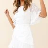 Leona Half Sleeve Frill Trim Dress Leaf Embroidered White -Selfie Leslie Shop 62654B01 WHITE 1