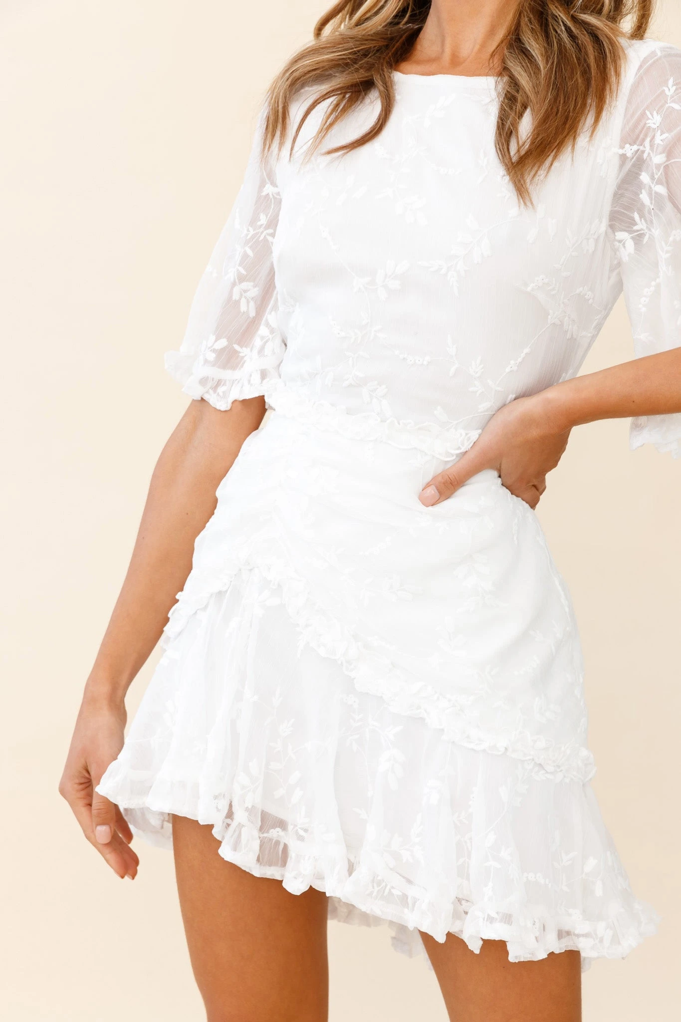 Leona Half Sleeve Frill Trim Dress Leaf Embroidered White 6 Leona Half Sleeve Frill Trim Dress Leaf Embroidered White - Image 4