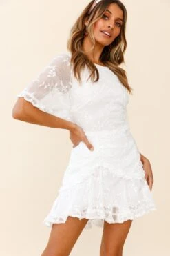 Leona Half Sleeve Frill Trim Dress Leaf Embroidered White 12 Leona Half Sleeve Frill Trim Dress Leaf Embroidered White -Selfie Leslie Shop 62654B01 WHITE 5