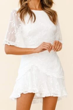 Leona Half Sleeve Frill Trim Dress Leaf Embroidered White 13 Leona Half Sleeve Frill Trim Dress Leaf Embroidered White -Selfie Leslie Shop 62654B01 WHITE 6