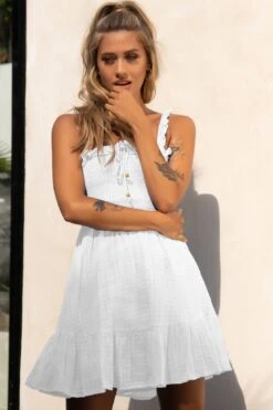 Flynn Frill Strap Shirred Bust Dress White -Selfie Leslie Shop 62705B01 WHITE 6