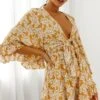 Athira Tied Bust Flared Sleeve Floral Stencil Print Romper Yellow