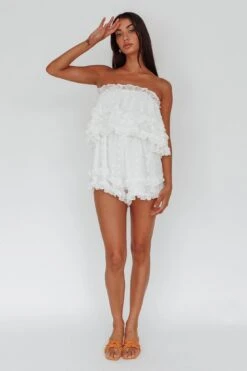 Memories Tiered Bust Frill Trim Romper White -Selfie Leslie Shop 62867BWHITE 7