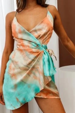 Medellin Gathered Detail Side-Tie Wrap Dress Tie-Dye Aqua/Orange -Selfie Leslie Shop 62870B01 AQUA ORANGE 4