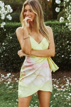 Medellin Gathered Detail Side-Tie Wrap Dress Tie-Dye Pink/Yellow -Selfie Leslie Shop 62870B01 PINK YELLOW 5